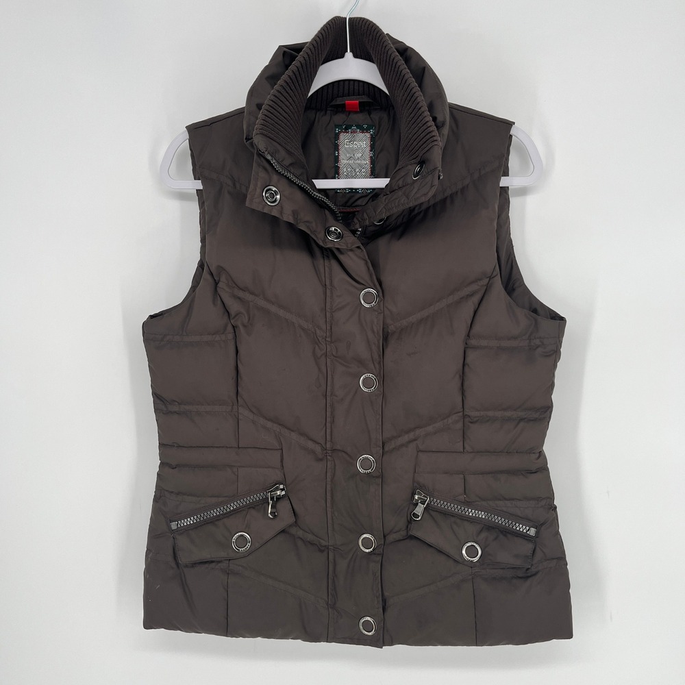 Esprit Brown Puffer Vest Down Feather Fill Chevron Quilted Jacket M Y2K Preppy